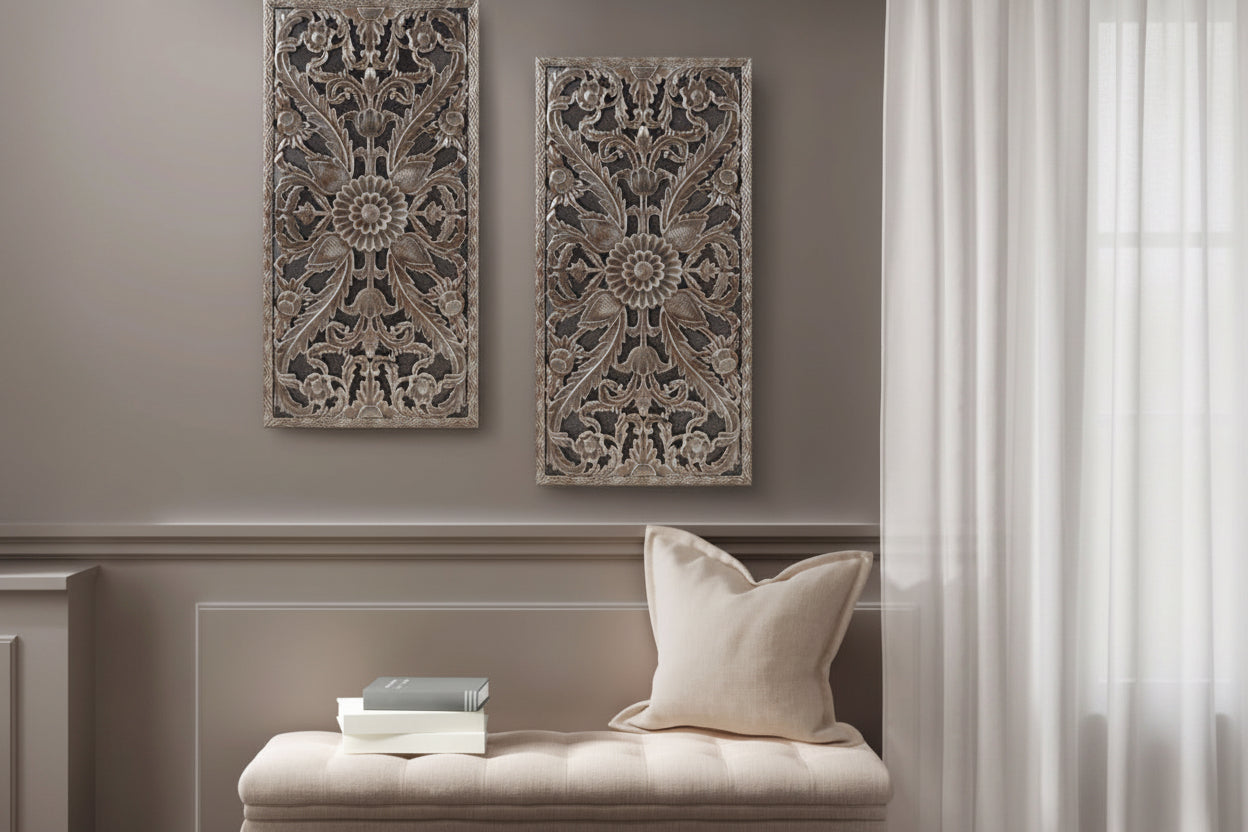 Distressed Carved Wood 2-piece Wall Decor Set